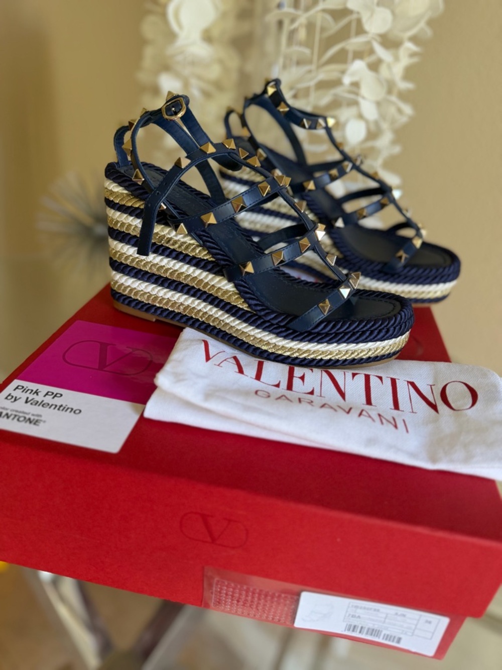 Authentic Valentino Rockstud Wedge Sandals With Calfskin Straps NW/TB size36